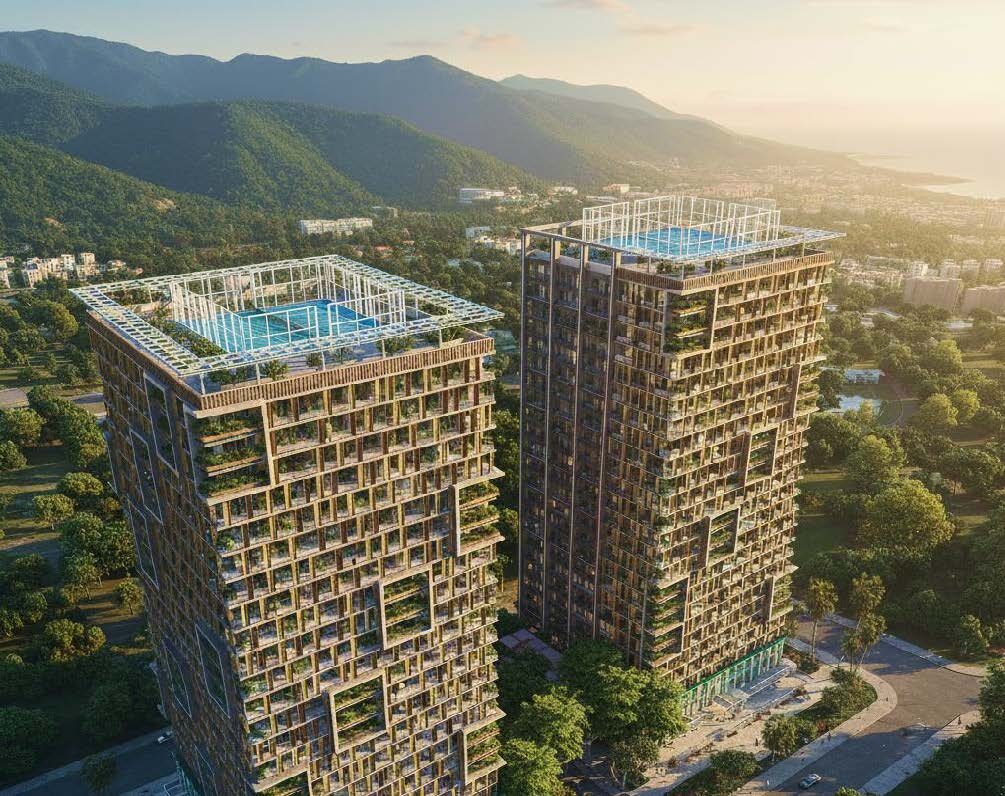 Zielone wieże Sport City na tle gór i morza w Batumi